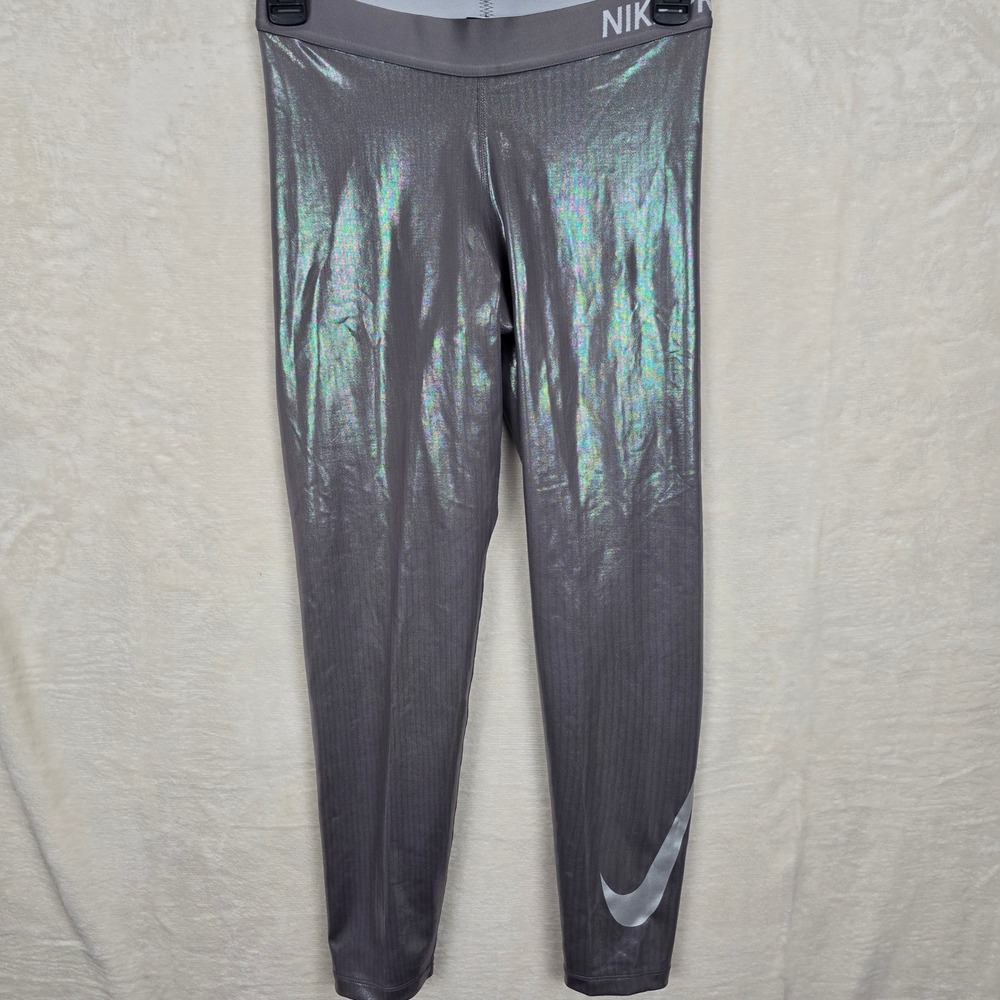 Nike Pro Dri-FIT Women Metallic Iridescent Leggings Grey AJ4994-036 Size M